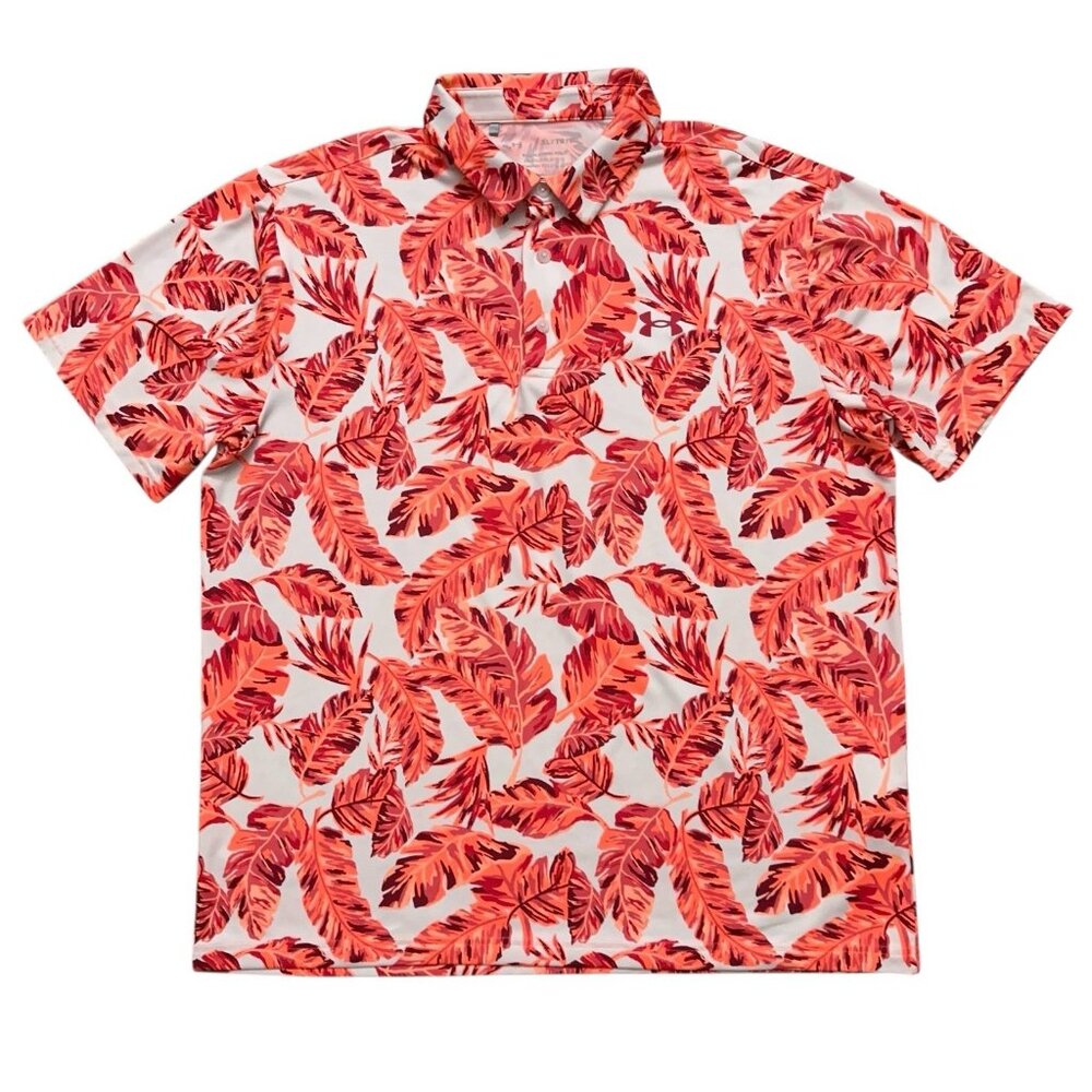 Under Armour The Playoff Polo Shirt Mens XL Short Sleeve Golf Leaf Print Orange